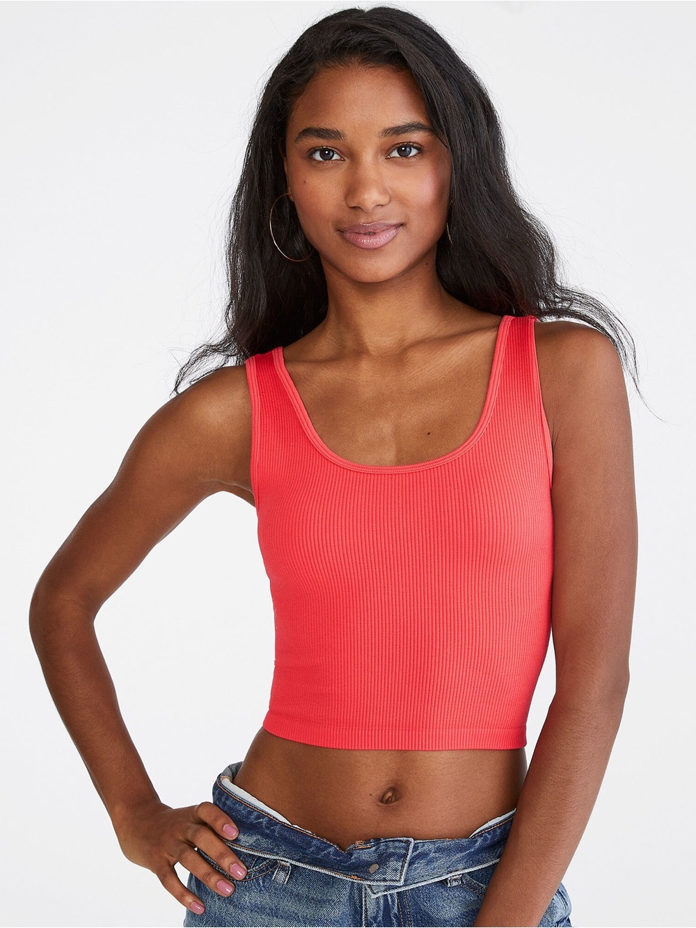 Ribbed Scoop Neck Crop Tank - Red